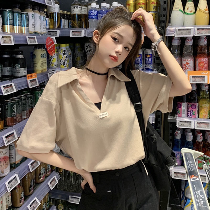 Áo Thun Polo Tay Ngắn Chất Liệu Cotton Phong Cách Hàn Quốc Thời Trang Cho Nữ