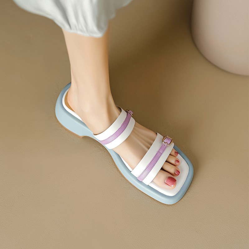 Tóc Thẳng Duoya ~ [Hàng Có Sẵn] Dép Da Mềm Đế Dày Vừa Vặn Màu Sắc Hình Vuông Thời Trang Xuân Hè