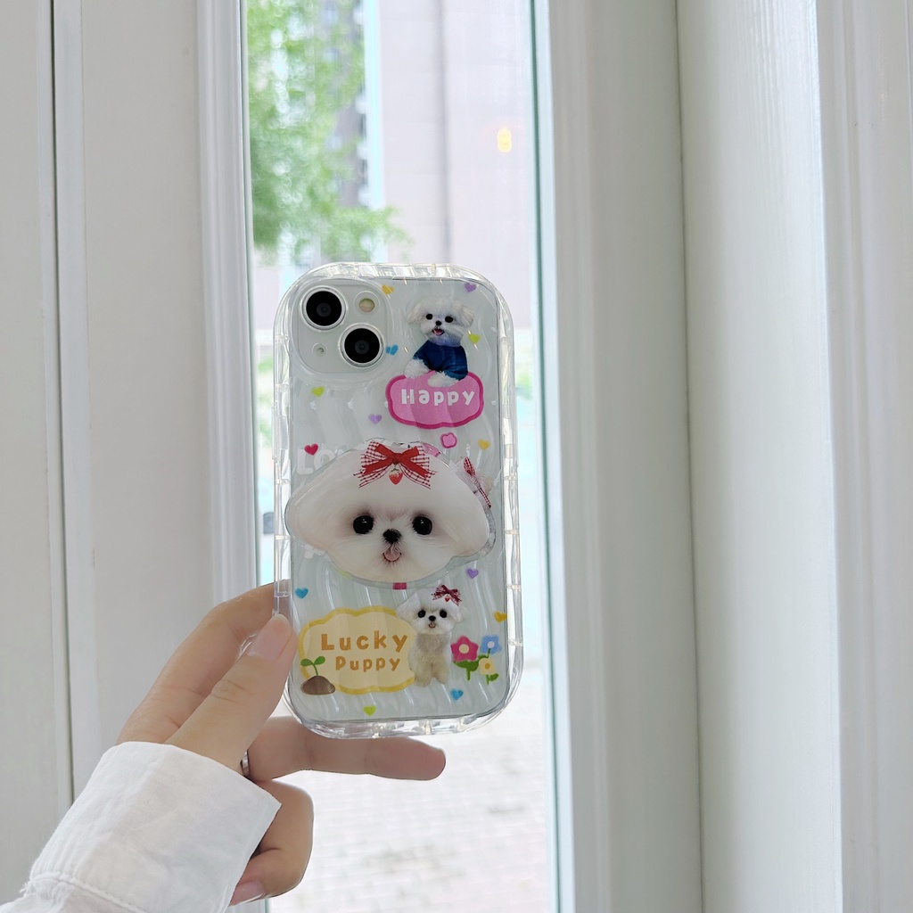 Ốp Điện Thoại Tpu Dẻo Trong Suốt Họa Tiết Chú Chó Trắng Dễ Thương Kèm Giá Đỡ Chống Rơi Cho iPhone 14 Plus 13 12 11 Pro Max