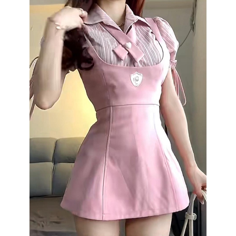 Bộ Áo Sơ Mi Kẻ Sọc Ngắn Tay + Đầm Hai Dây In Hình Bánh Quy / Quả Mọng Phong Cách Preppy Mù