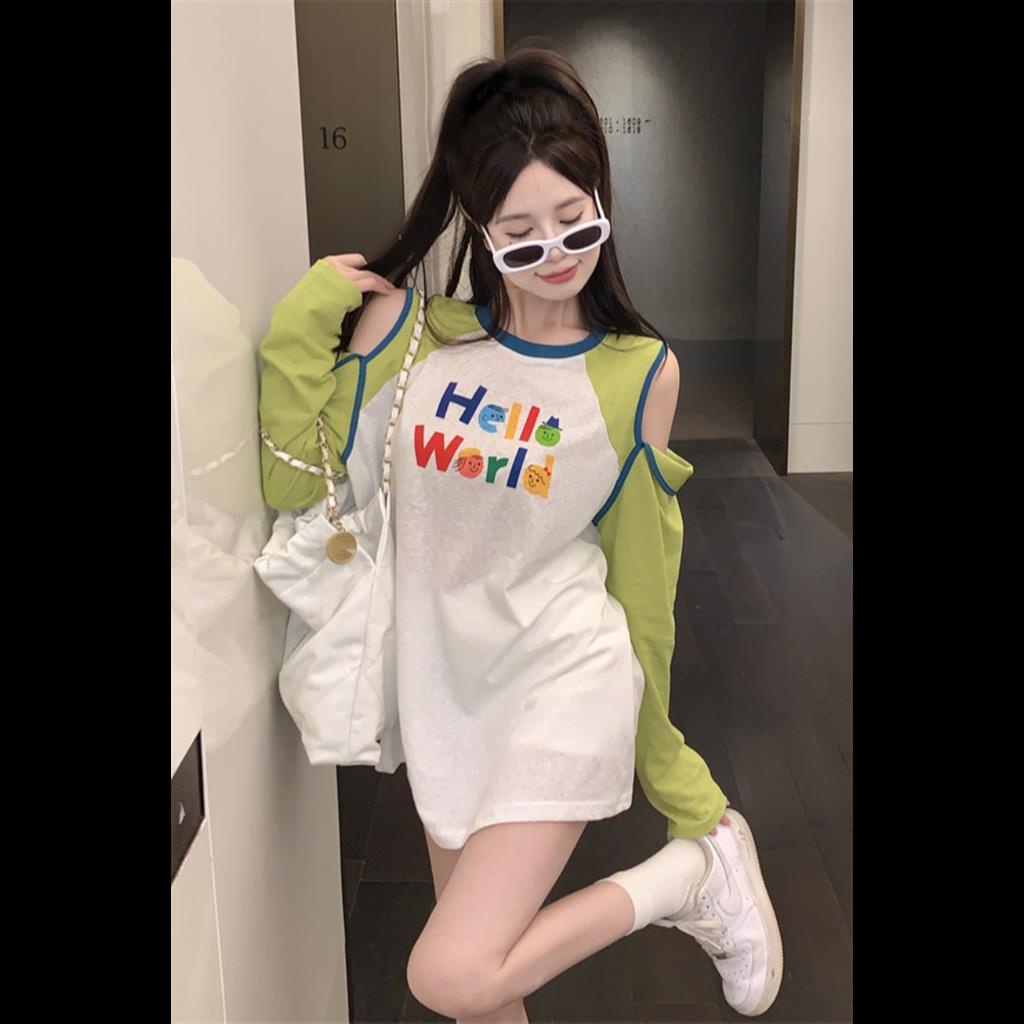 Áo Thun Tay Dài Dáng Rộng In Họa Tiết Lỗ Màu Tương Phản Thời Trang Mùa Xuân 2023 Mới Cho Nữ