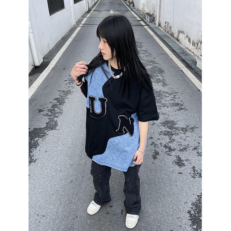 Áo Thun Mùa Hè 2023 Tay Ngắn Thêu Khăn Màu Tương Phản Phong Cách Mới