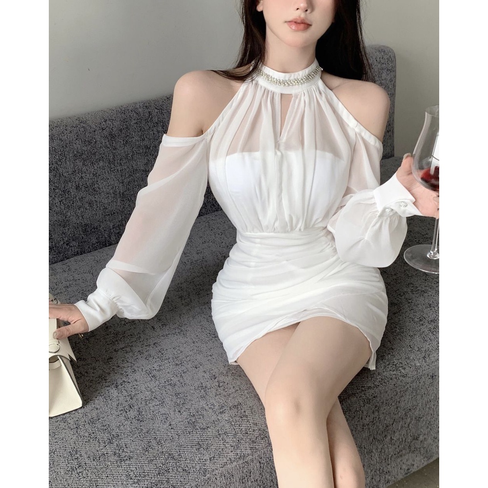 Đầm Chiffon Trắng Dài Tay Mềm Mại Phong Cách Mùa Thu Cho Nữ