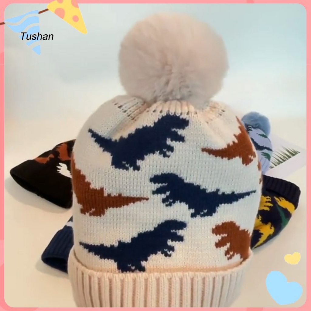 Mũ Beanie Dệt Kim Viền Xoăn Đính Bóng Lông Họa Tiết Khủng Long Hoạt Hình Thời Trang Thu Đông Cho Bé