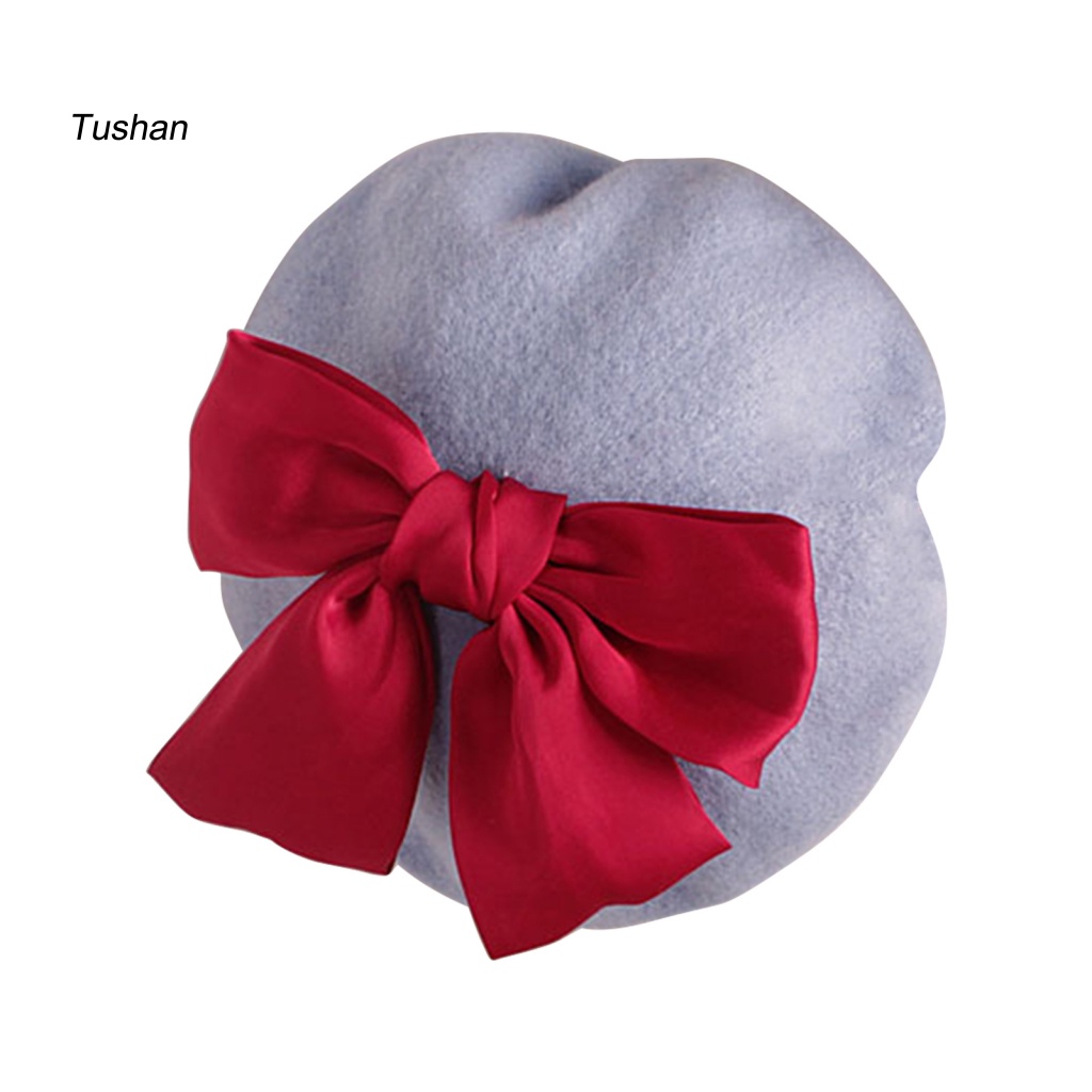 Mũ Beret Màu Trơn Giữ Ấm Thắt Nơ Đỏ Dễ Thương Cho Bé Gái 2-6 Tuổi