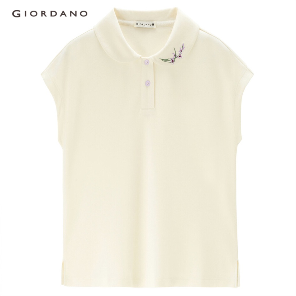 Áo sơ mi polo GIORDANO 18313201 tay áo thêu hoa dành cho nữ