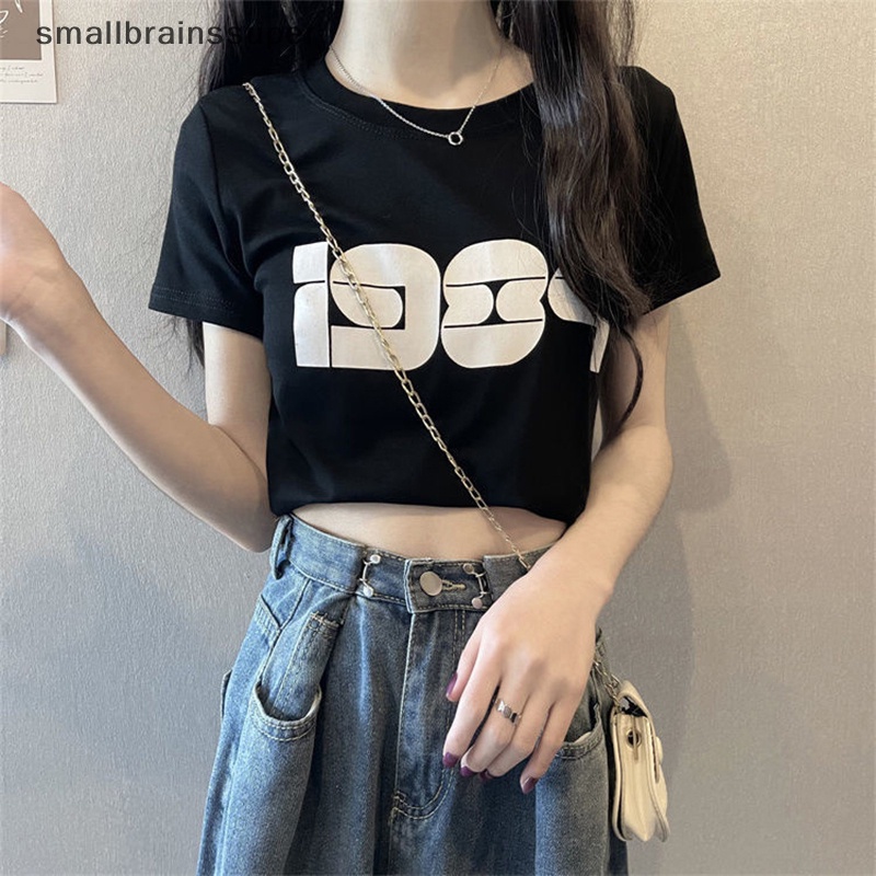 Áo Thun Crop Top Tay Ngắn Cổ Tròn In Chữ Số Thời Trang Mùa Hè Cho Nữ