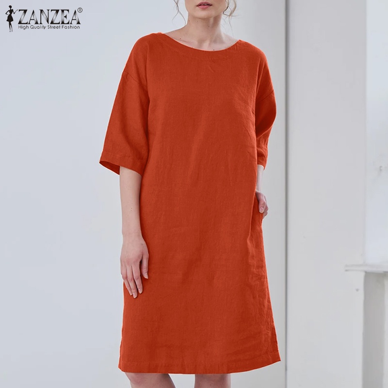 Đầm Nữ Tay Lửng Cổ Tròn Màu Trơn Phong Cách Vintage ZANZEA