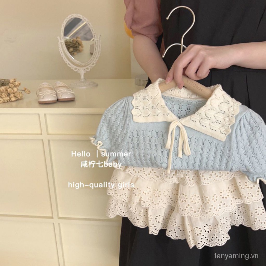 Bộ Áo Cotton Dệt Kim Tay Ngắn Phối Ren + Quần Short Thời Trang Mùa Hè Mới 2023 Cho Bé Gái QLZ1