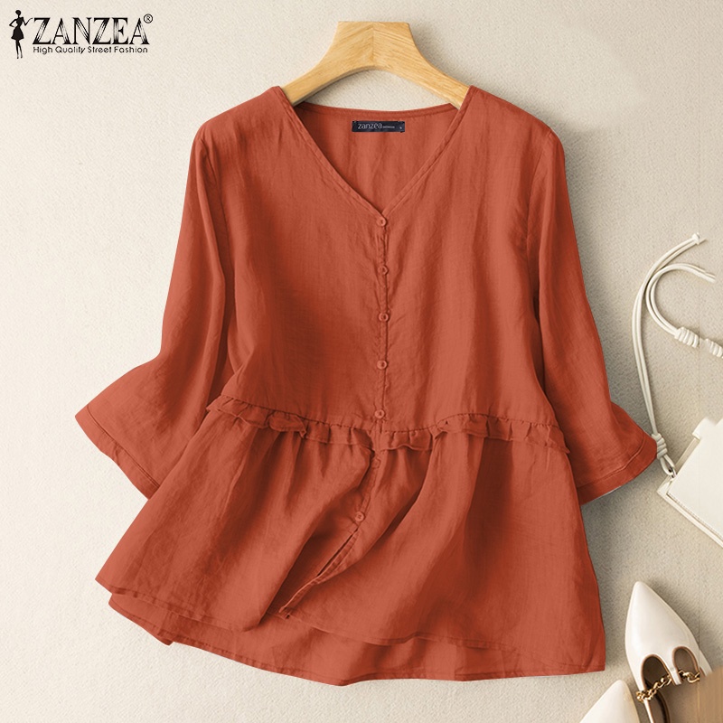 ZANZEA Áo Sơ Mi Nữ Tay Lửng Cổ Chữ V Màu Trơn Phong Cách Hàn Quốc