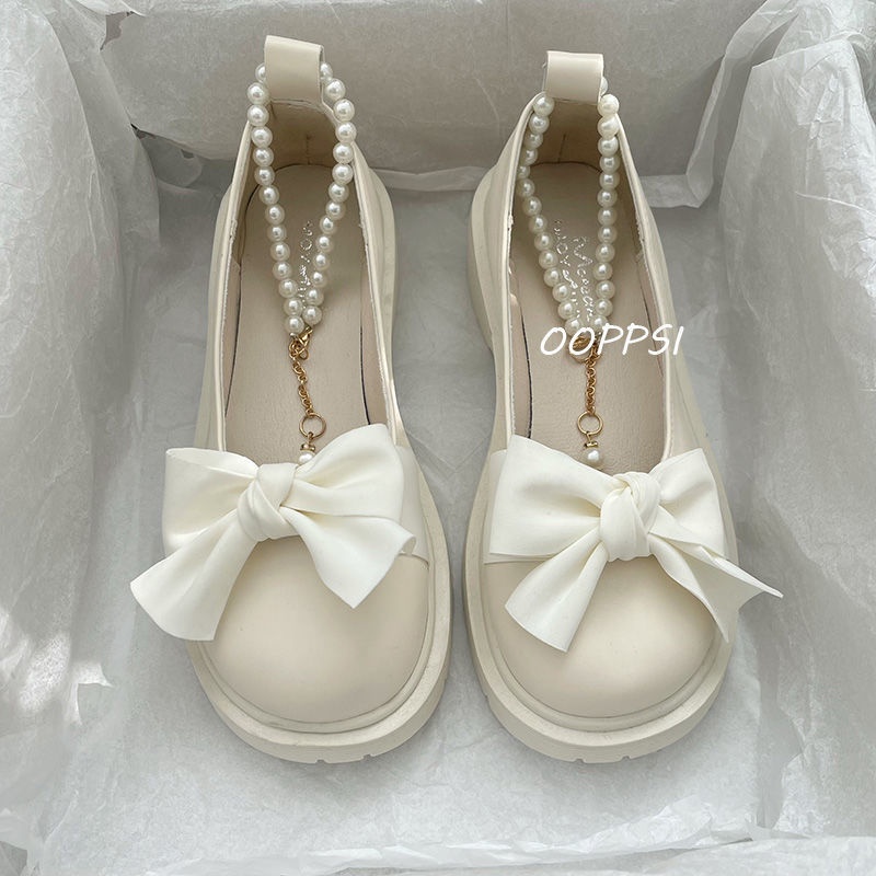 Giày Búp Bê Da Đế Dày Đính Nơ Ngọc Trai Phong Cách Lolita