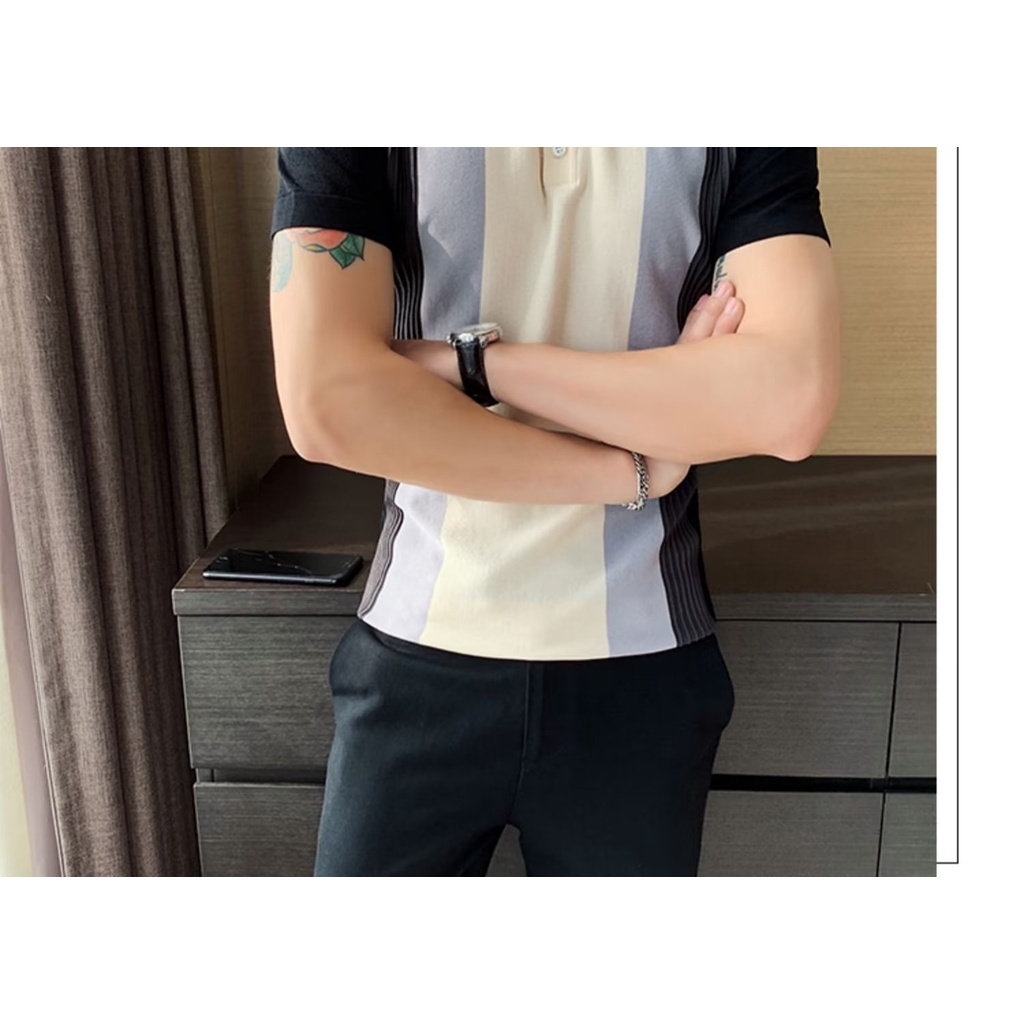 Áo Thun polo Ngắn Tay Vải Lụa Lạnh Mỏng Dáng Ôm Phối Màu Tương Phản Thời Trang Mùa Hè 2023 Cho Nam