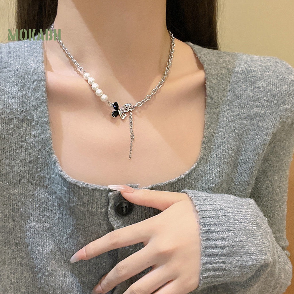 [Mới] Vòng cổ Mạ Điện Mặt Hình Bướm Đính Ngọc Trai Nhân Tạo Không Đối Xứng Quyến Rũ Cho Nữ