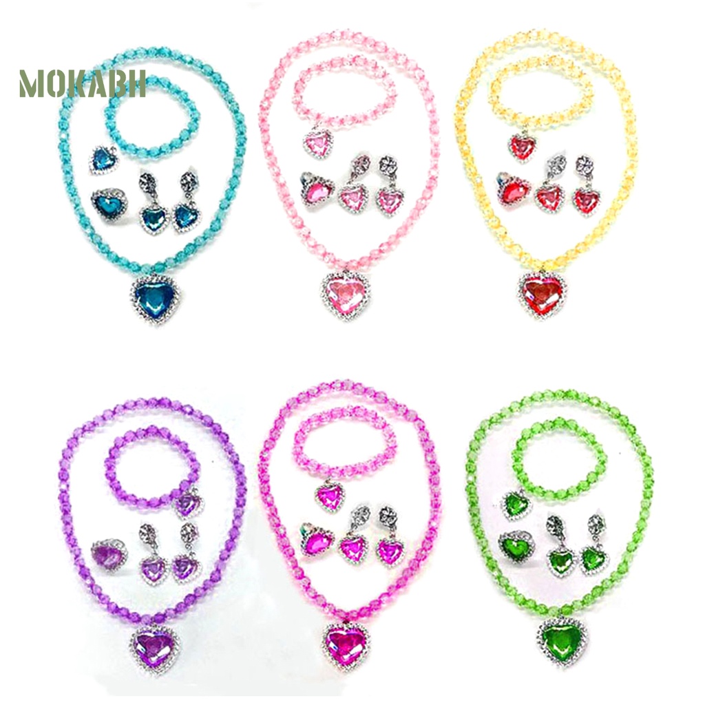 [Mới] 1 Bộ Vòng cổ, Bông Tai, Nhẫn, Vòng Tay Hình Trái Tim Đính Đá Nhiều Màu Cho Bé Gái