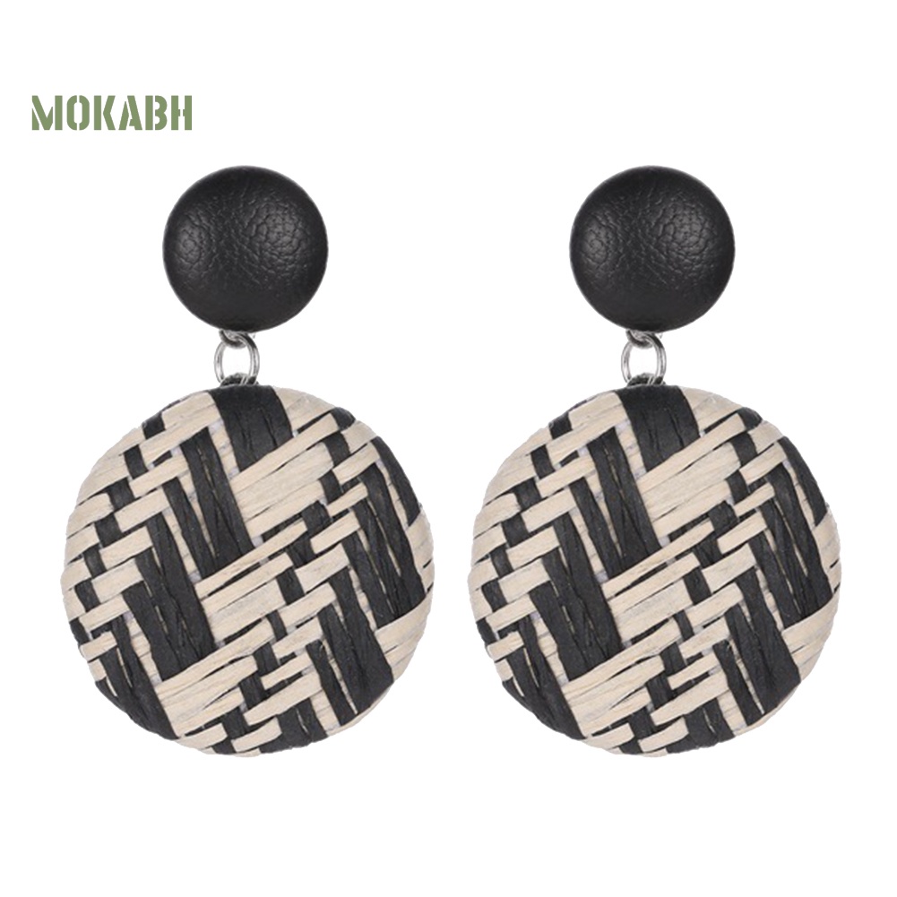 Bông Tai Tròn Bằng Rơm Dệt Phối Nút Phong Cách Boho Thời Trang Cho Nữ