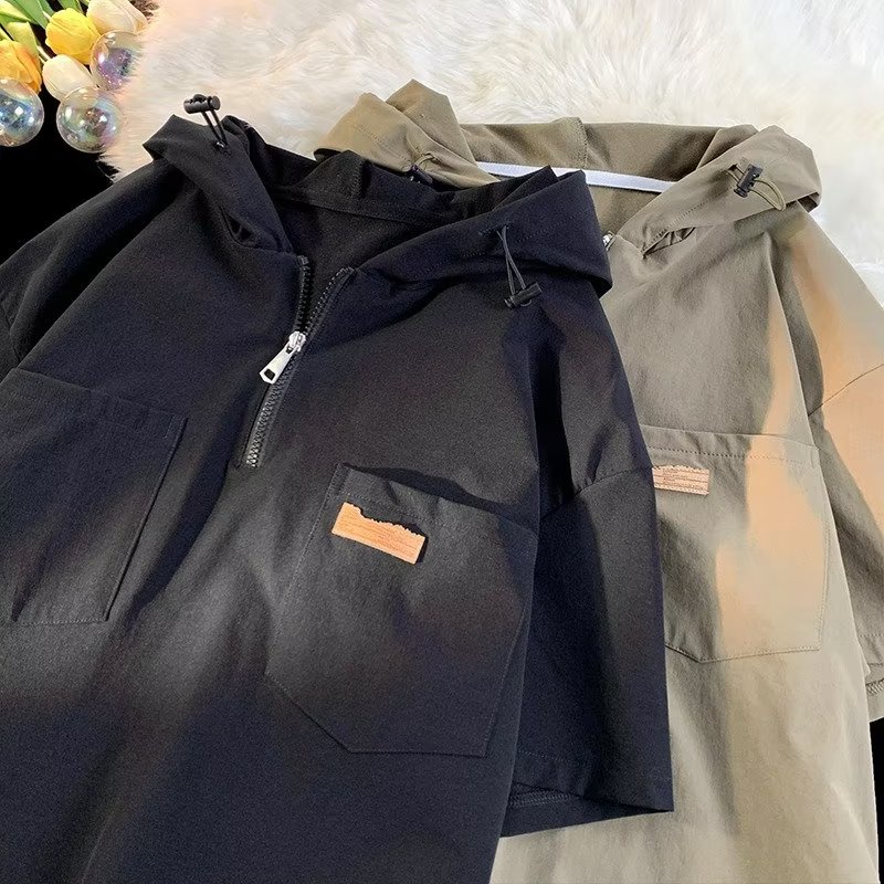 Áo Thun Tay Ngắn Có Mũ Trùm Đầu Và Khóa Kéo Phong Cách Thời Trang Nhật Bản Cho Nam Giới