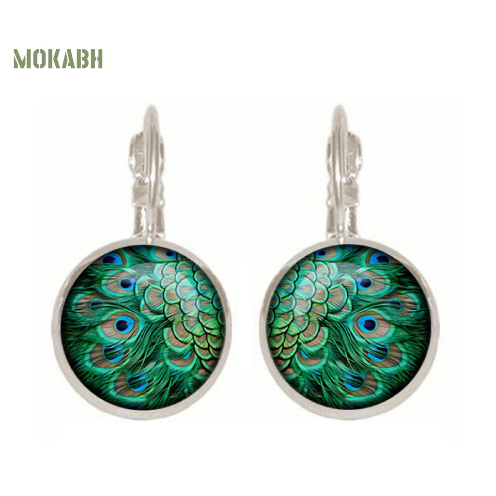 1 Đôi Bông Tai Mặt Kính Cabochon Hình Chim Công 2 Màu Phong Cách Vintage