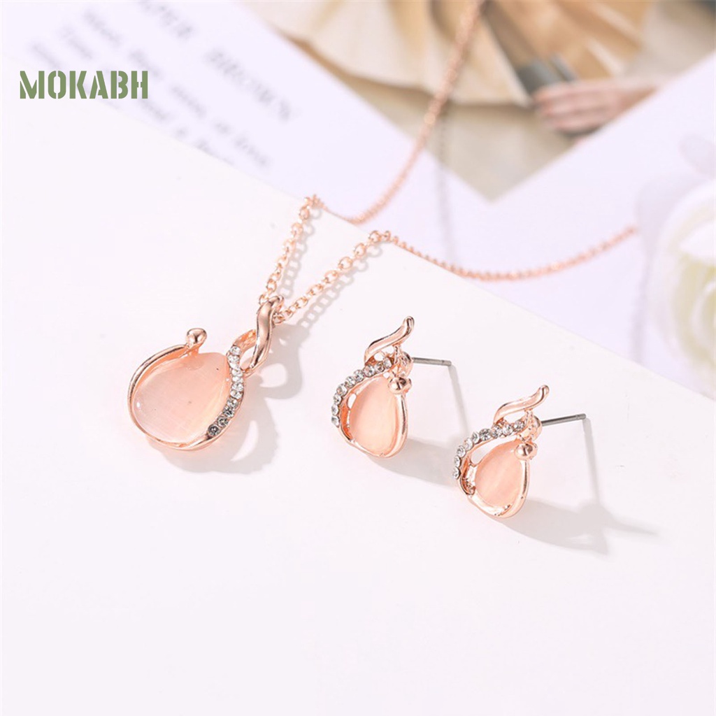 Set 2 Vòng cổ + Bông Tai Đính Đá Opal Hình Giọt Nước Thời Trang