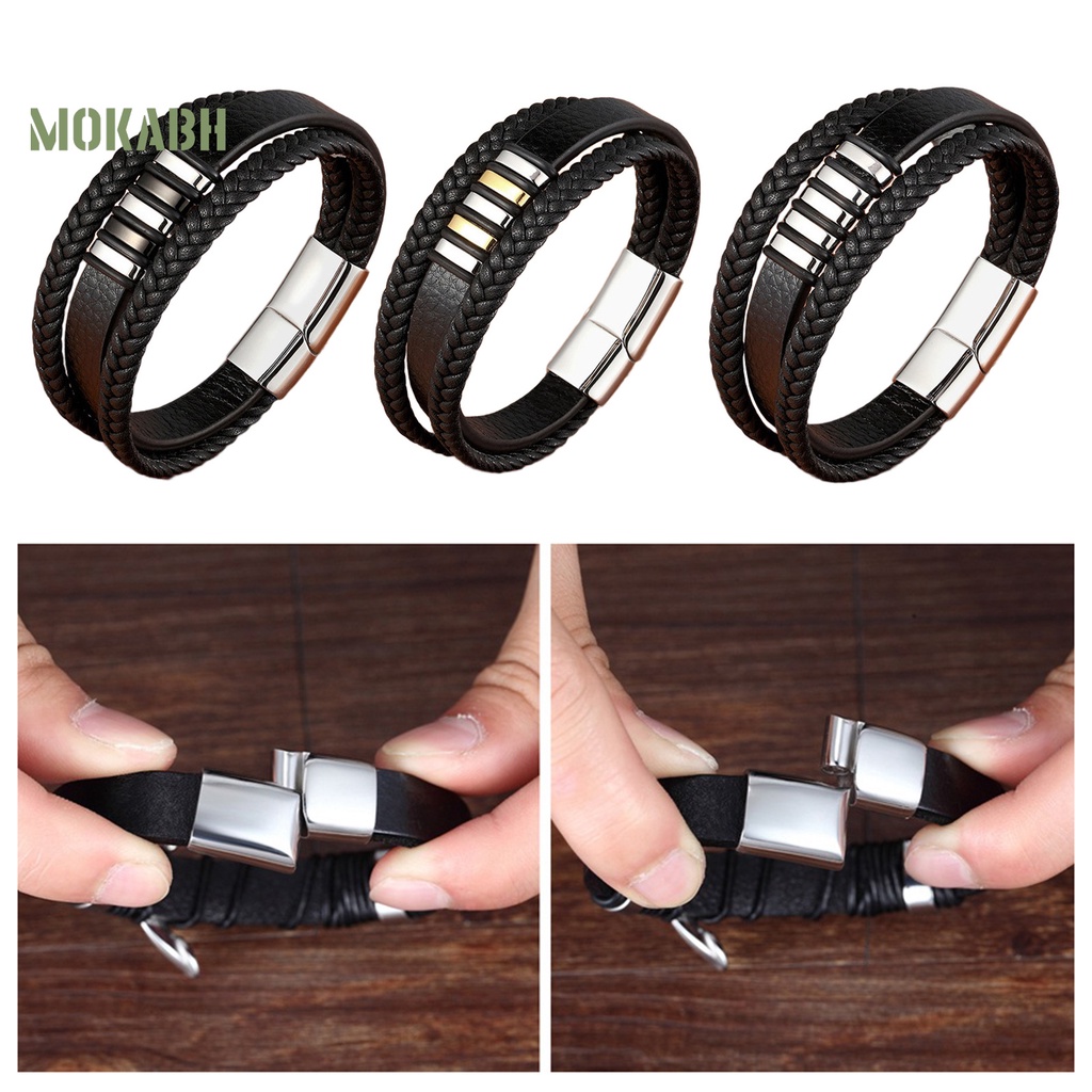 [Mới] Vòng Tay Da Giả 3 Lớp Trang Trí Khóa Cài Trang Sức Phong Cách Punk Chống Mài Mòn Nhiều Lớp Trang Trí Dành Cho Nam