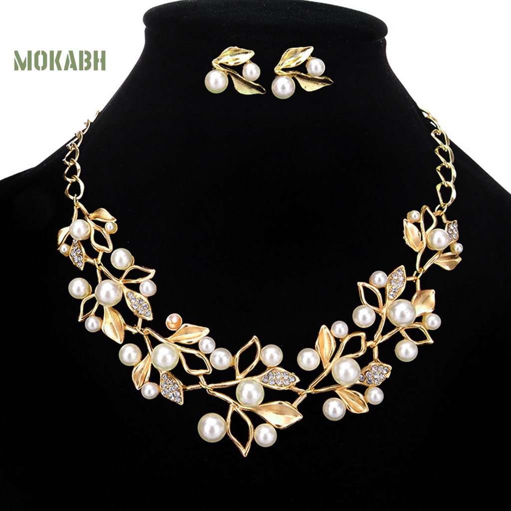 1 Bộ Vòng cổ + Bông Tai Hình Chiếc Lá Đính Đá &amp; Ngọc Trai Giả Sang Trọng