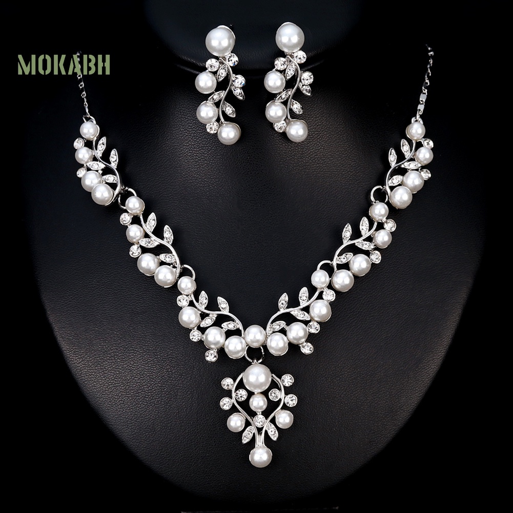 Bộ Vòng cổ + Bông Tai Đính Đá &amp; Ngọc Trai Giả Thanh Lịch Cho Nữ