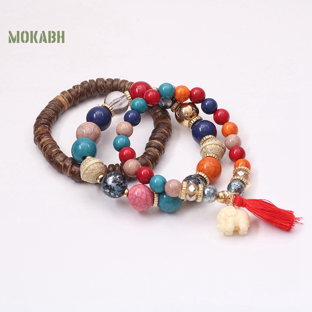 Bộ 3 Vòng Tay Chuỗi Hạt Gỗ Và Tua Rua Thời Trang Xinh Xắn