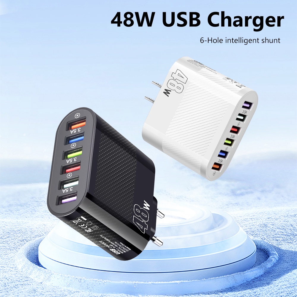 Củ Sạc Nhanh 48W 6 Cổng USB Phích Cắm EU / US Cho Xiaomi Samsung