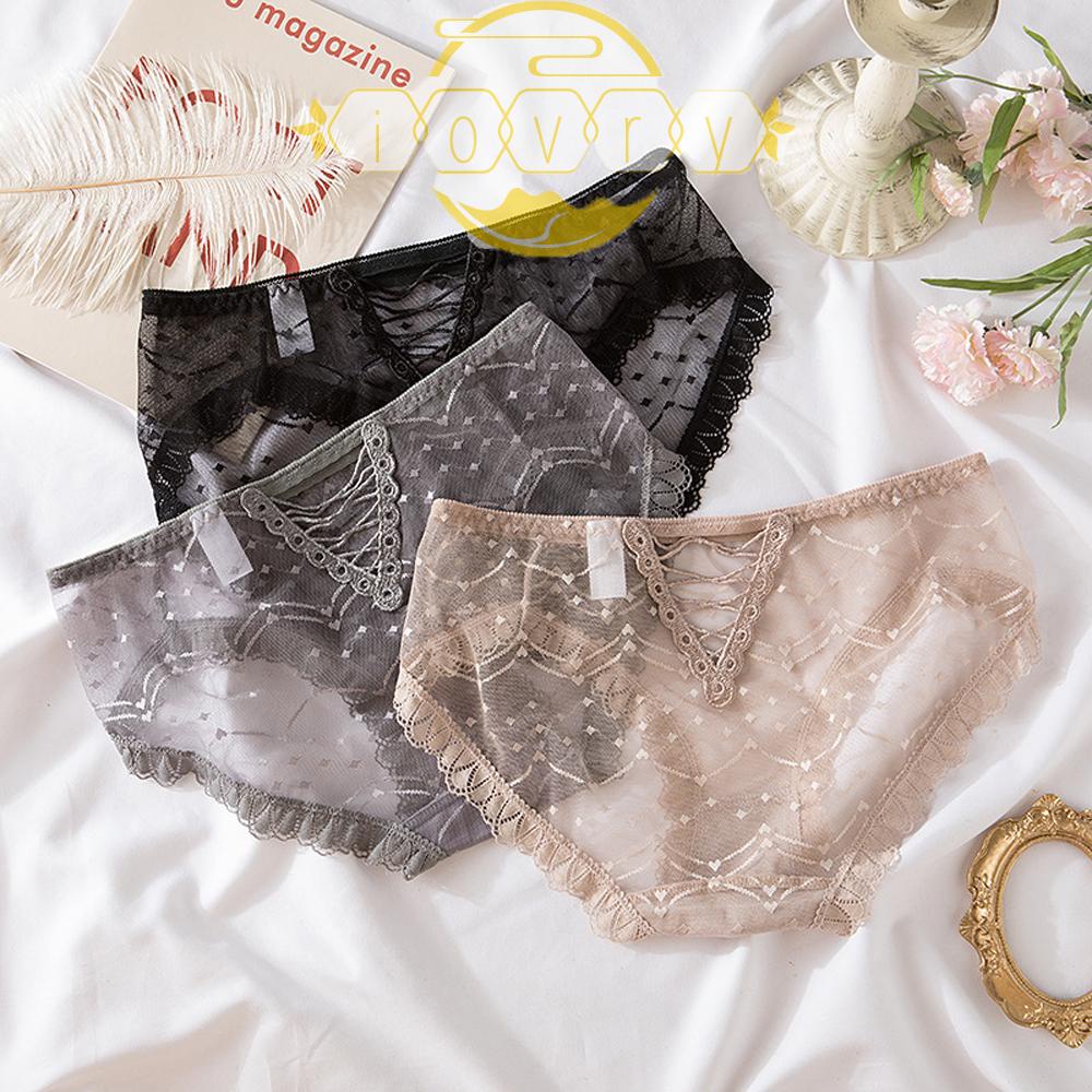 Quần Lót Lưng Thấp Màu Ngà Phối Lưới Xuyên Thấu Thời Trang Quyến Rũ Cho Nữ