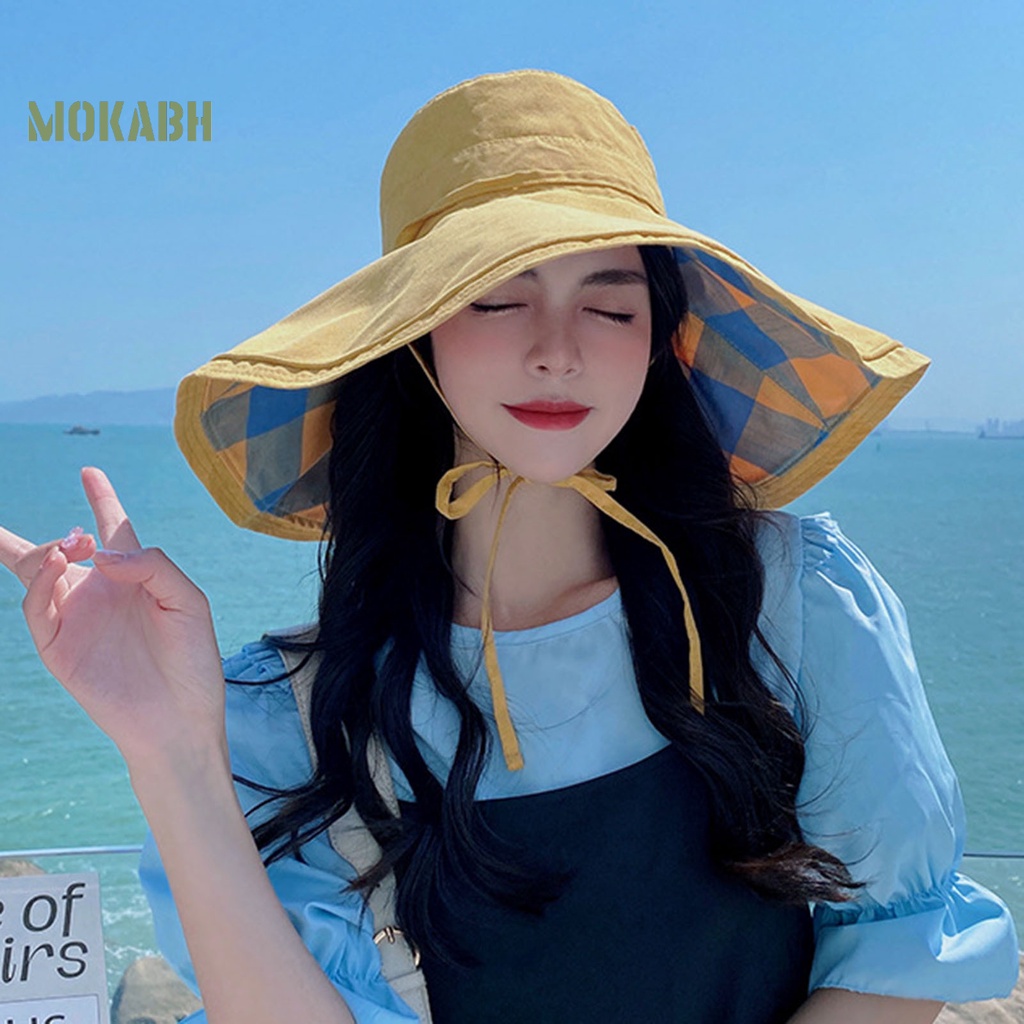 Nón Tai Bèo Hai Mặt Cột Dây Họa Tiết Sọc Caro Màu Sắc Trơn