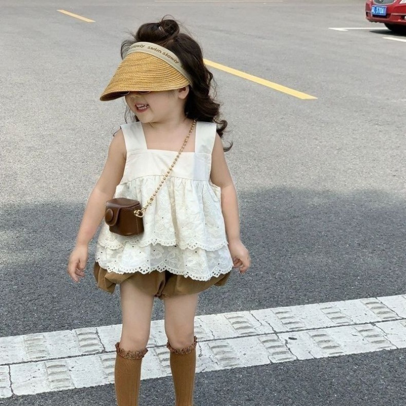 Bộ Áo Thun Không Tay Thêu Hình + Quần Đùi Phong Cách Hàn Quốc Thời Trang Mùa Hè Dành Cho Bé Gái