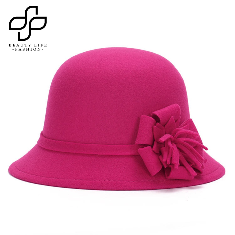 Mũ Bowler Hat Màu Trơn Đính Hoa Phong Cách Retro Thời Trang Cho Nữ