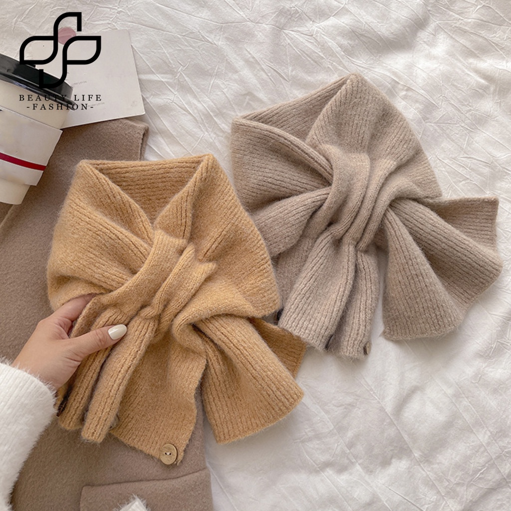 Khăn Choàng Dệt Kim Màu Trơn Co Giãn Giữ Ấm Mùa Đông Có Nút Cài Trang Trí Cho Nữ
