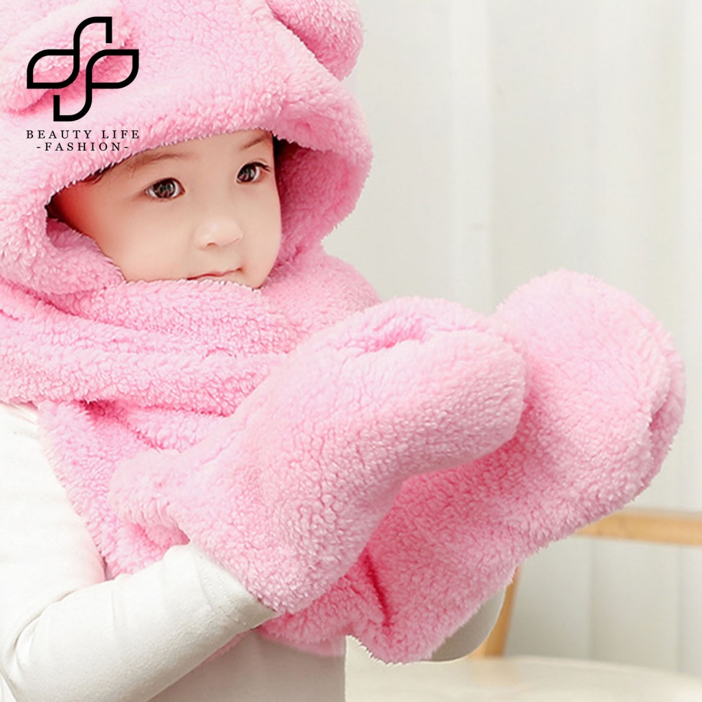 Khăn Choàng Cổ / Mũ / Găng Tay Giữ Ấm Mùa Đông 3 Trong 1 Kiểu Dáng Hoạt Hình Dễ Thương Dành Cho Bé Gái