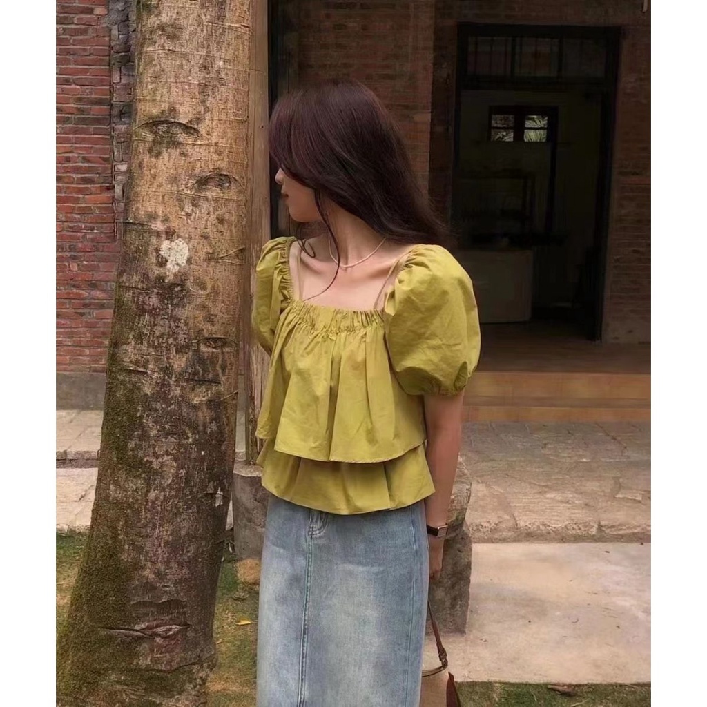 Áo Kiểu Tay Phồng Cổ Vuông Thời Trang Hè Trẻ Trung Cho Nữ