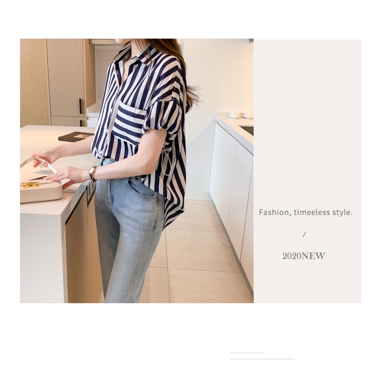 Áo Sơ Mi Chiffon Tay Ngắn Kẻ Sọc Dáng Rộng Phong Cách Phương Tây Thời Trang Mùa Hè Cho Nữ Thẻ