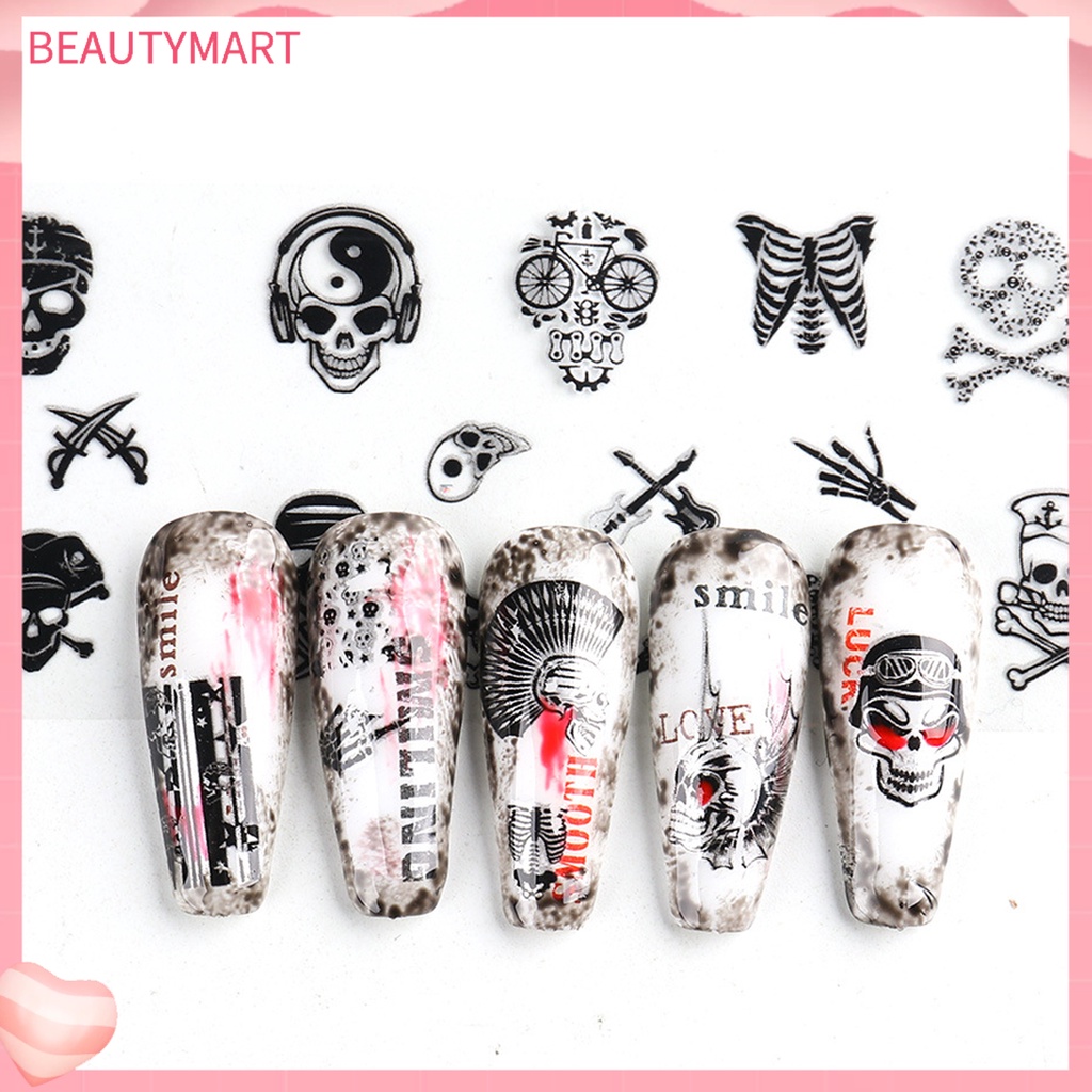 [beautymart] Set 10 Giấy Gói Móng Tay Chuyển Họa Tiết Đầu Lâu Kinh Dị Siêu Mỏng Màu Đen Trang Trí Halloween