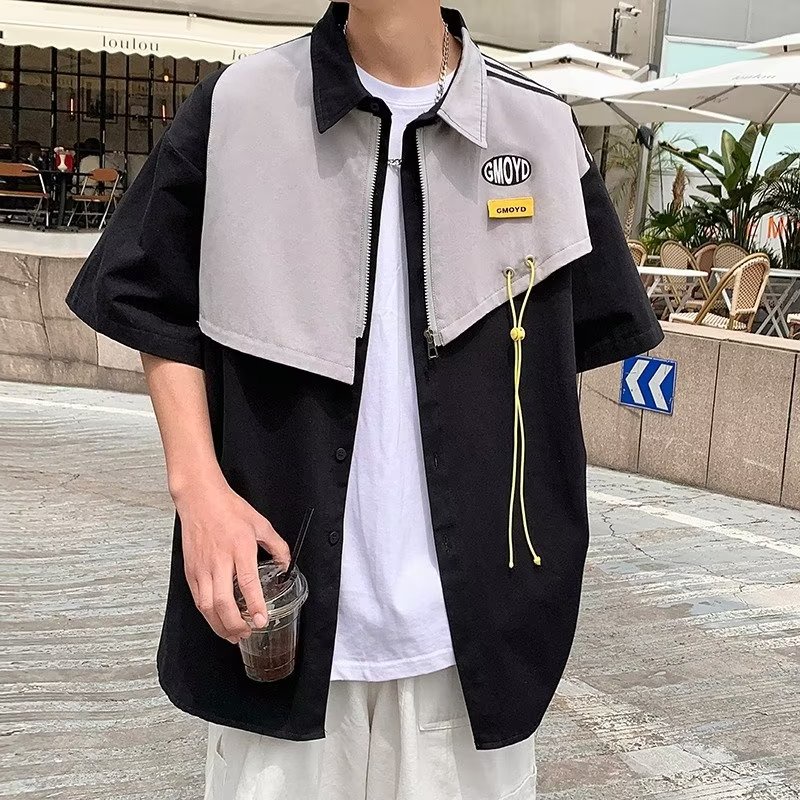 Áo sơ mi giả hai lớp AOKANG ngắn tay dáng rộng phong cách Hong Kong thời trang mùa hè 2023 dành cho nam