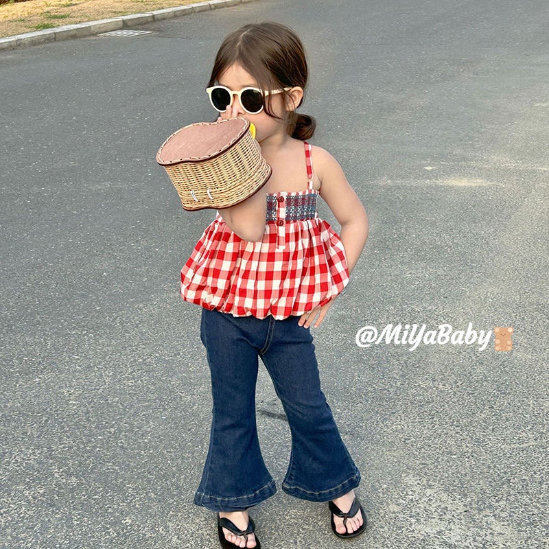 Miyababy Bộ vest bé gái bộ đồ mùa hè trẻ em vest kẻ sọc + quần jeans thời trang hàn quốc