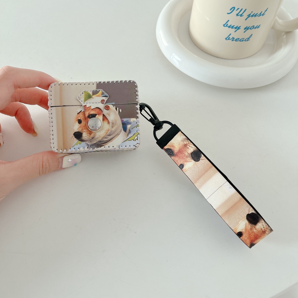 Vỏ Bảo Vệ Hộp Sạc Tai Nghe AirPods 1 2 3 pro2 2022 Bluetooth Không Dây Chất Liệu Da PU Hình Chú Chó Có Dây Đeo Chống Thất Lạc