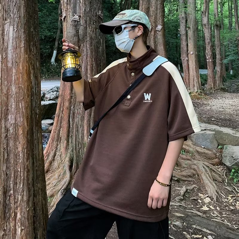 Áo Thun Polo Tay Ngắn Cổ Đứng Màu Tương Phản Phong Cách Retro Mỹ Cho Nam