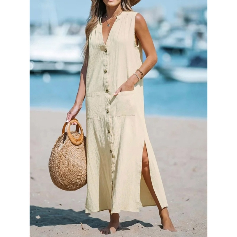 Đầm Không Tay Cổ Chữ V Cài Nút Trước Thời Trang Mùa Hè Xinh Xắn Cho Nữ