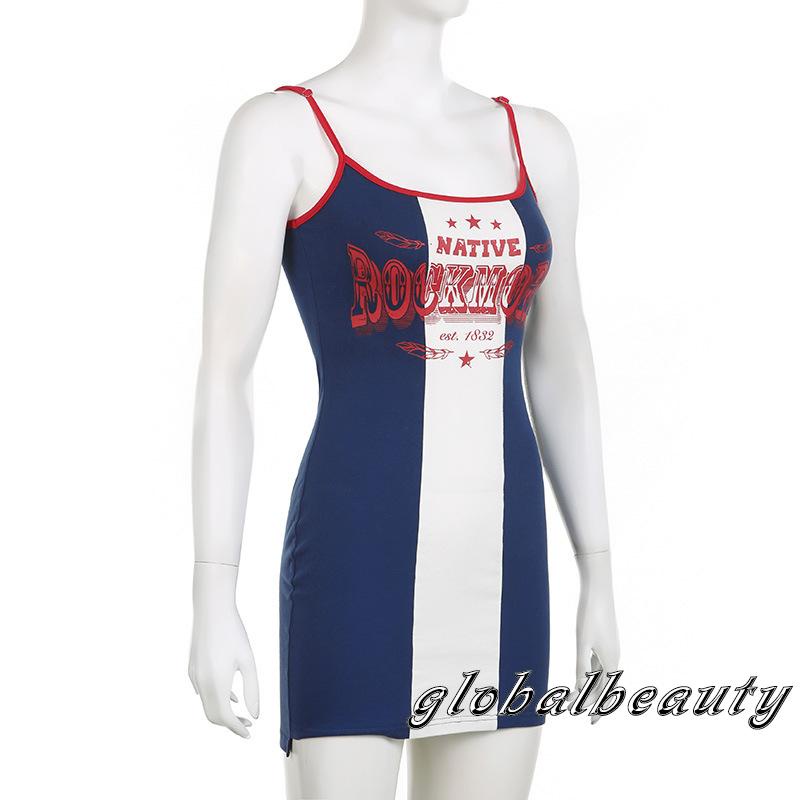 Đầm Hai Dây Ôm Dáng Màu Sắc Tương Phản In Chữ Thời Trang Mùa Hè Cho Nữ