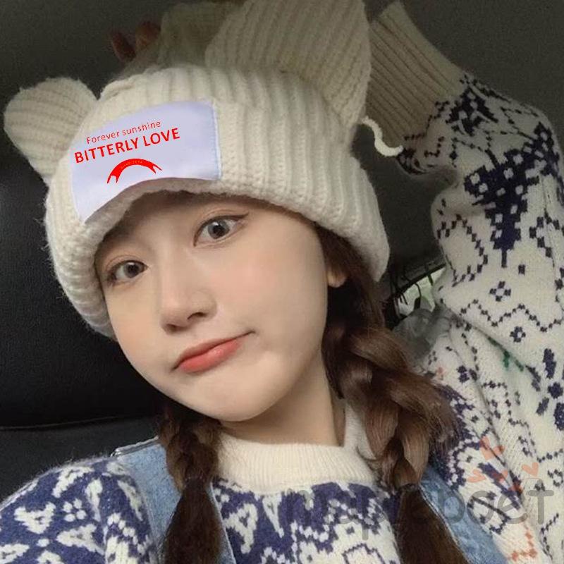 Mũ Len Beanie Dệt Kim In Họa Tiết Tai Mèo Thời Trang Thu Đông Màu Be / Đen / Xanh Dương