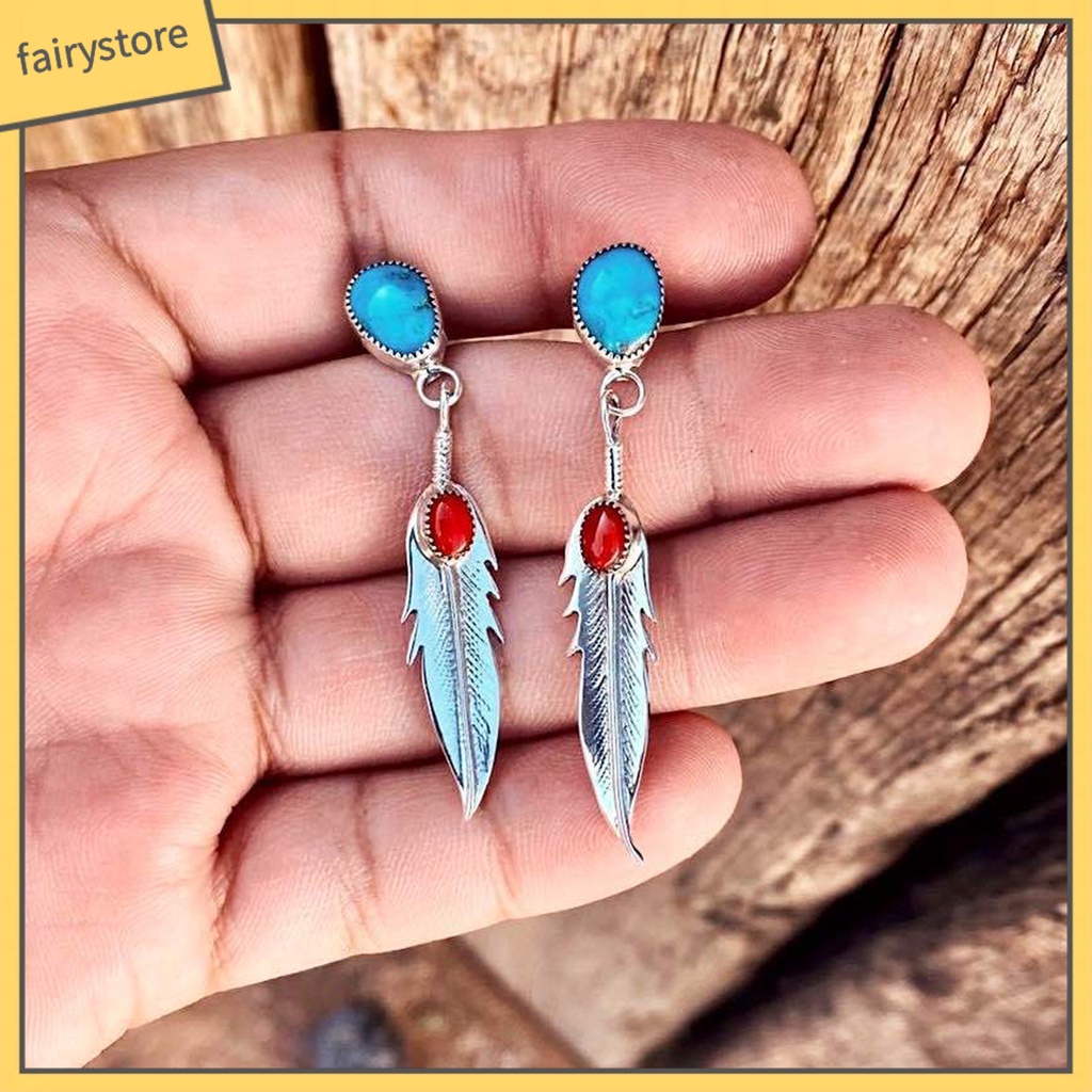 1 Đôi Bông Tai Dáng Dài Hình Lông Vũ Đính Đá Ngọc Lam Giả Thanh Lịch