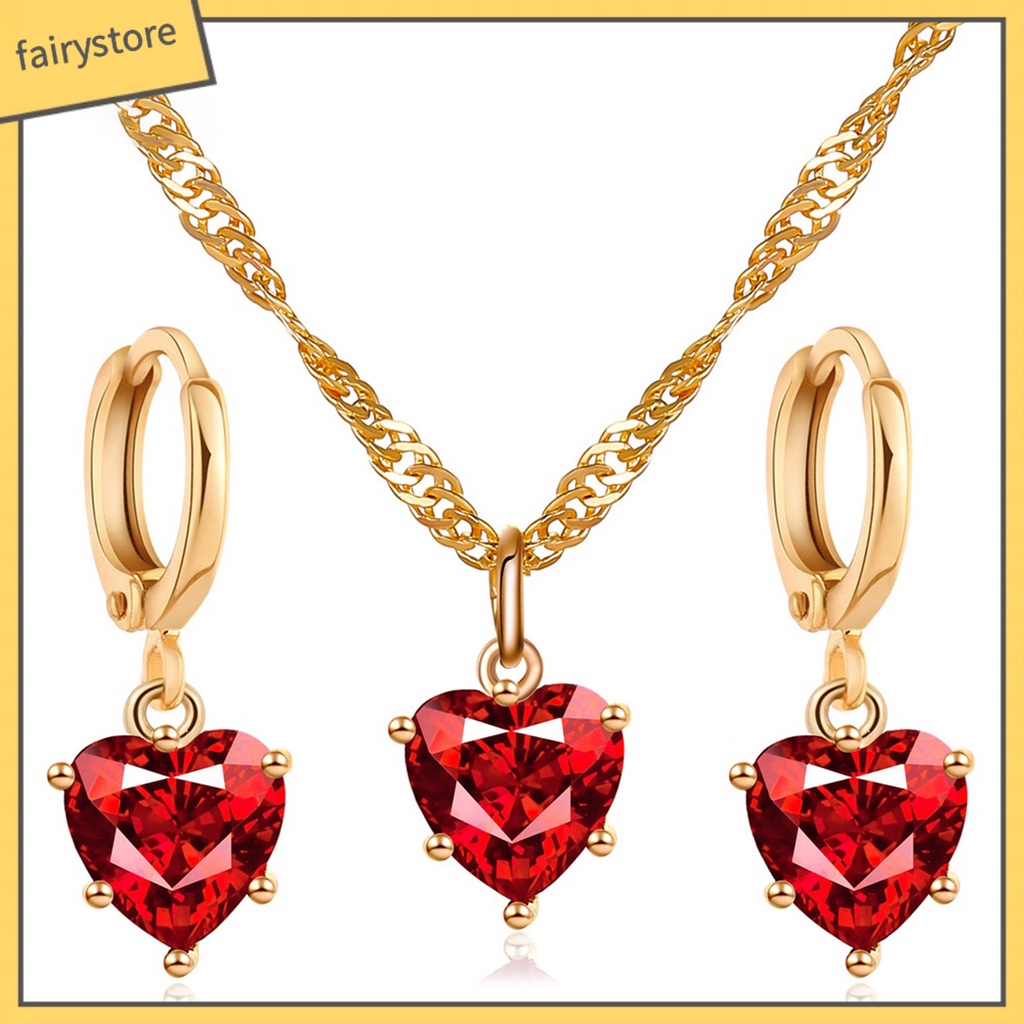 Bộ Vòng cổ + Bông Tai Hình Trái Tim Đính Đá Zircon Lấp Lánh Thời Trang Cho Nữ