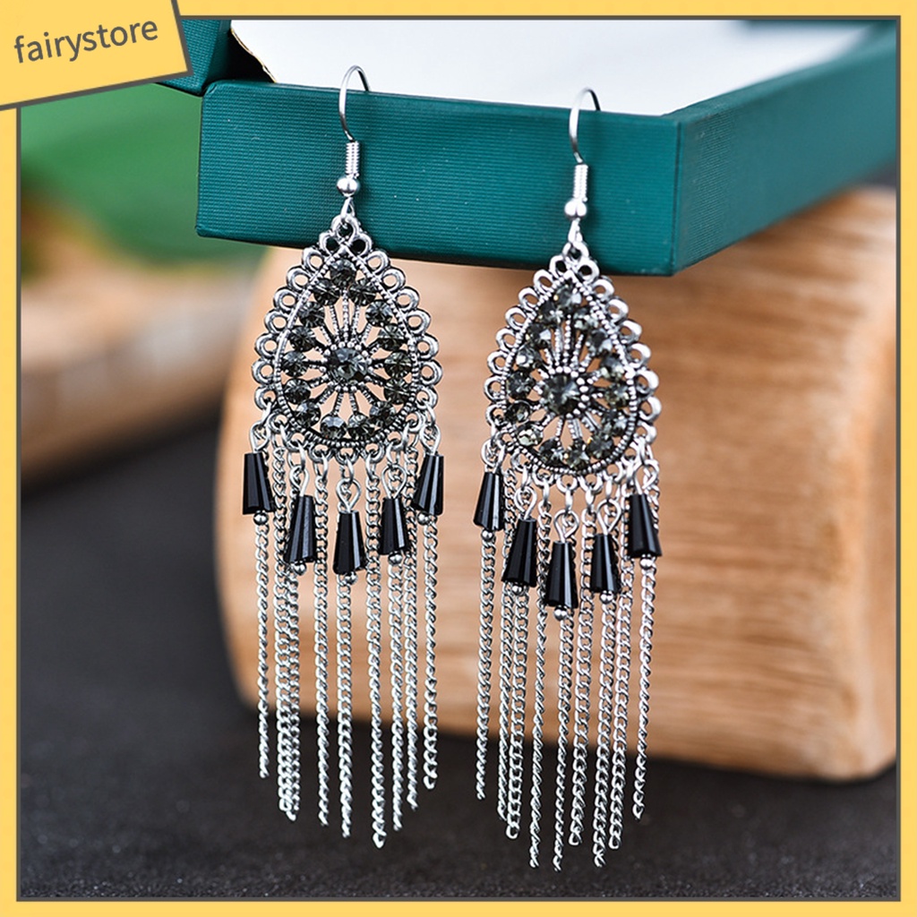 1 Đôi Bông Tai Hình Giọt Nước Đính Đá Phối Tua Rua Phong Cách Vintage