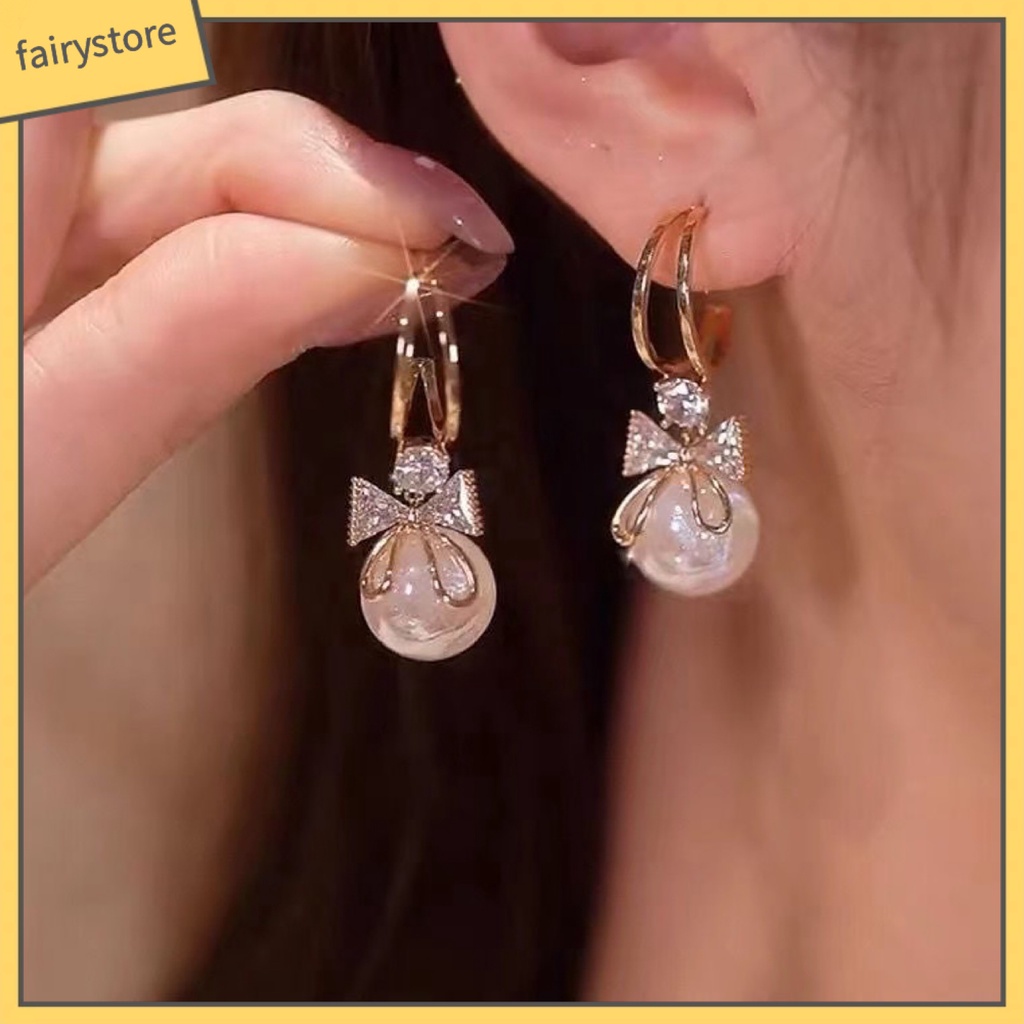 1 Đôi Bông Tai Hình Nơ Đính Đá Lấp Lánh Sang Trọng