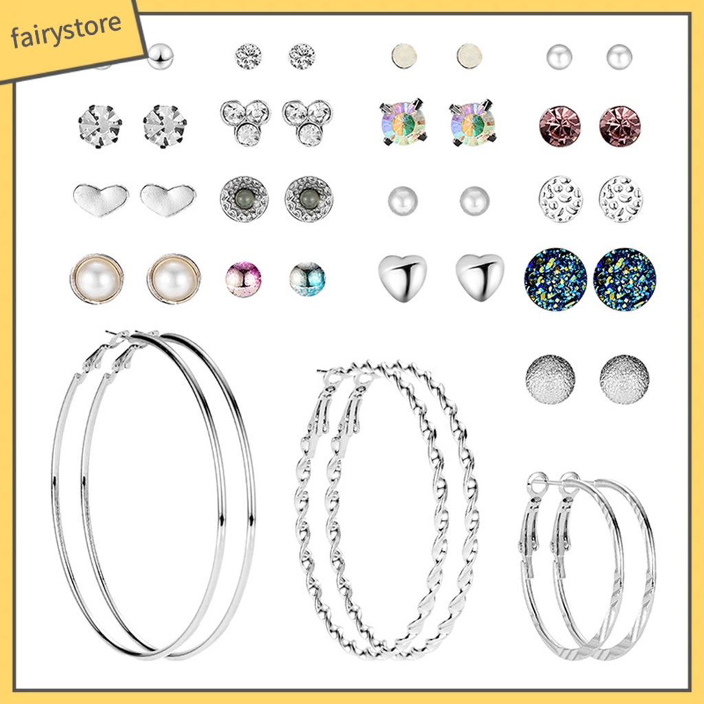 Set 20 Đôi Khuyên Tai Tròn / Trái Tim Đính Đá Thời Trang Cho Nữ