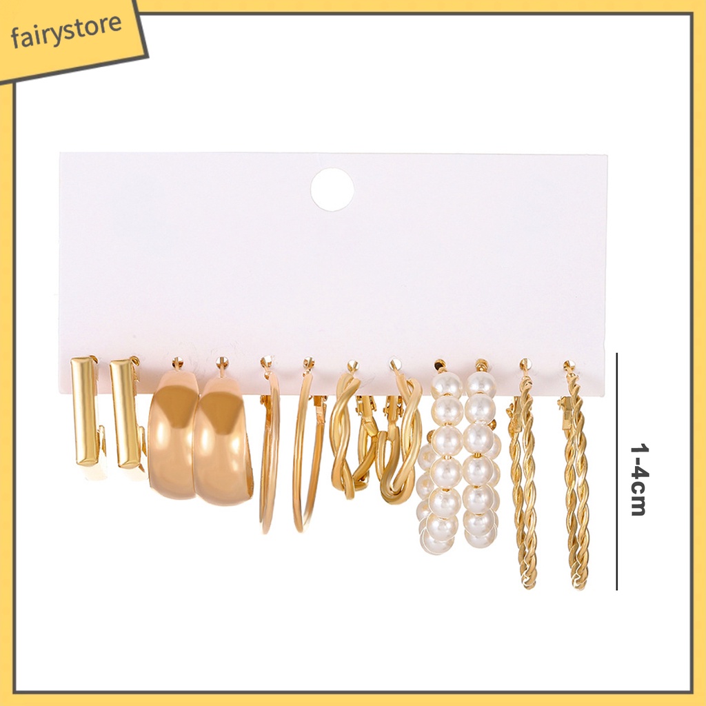 Set 6 Đôi Bông Tai Dạng Vòng Hình Chữ C Đính Ngọc Trai Nhân Tạo Thời Trang Dành Cho Nữ