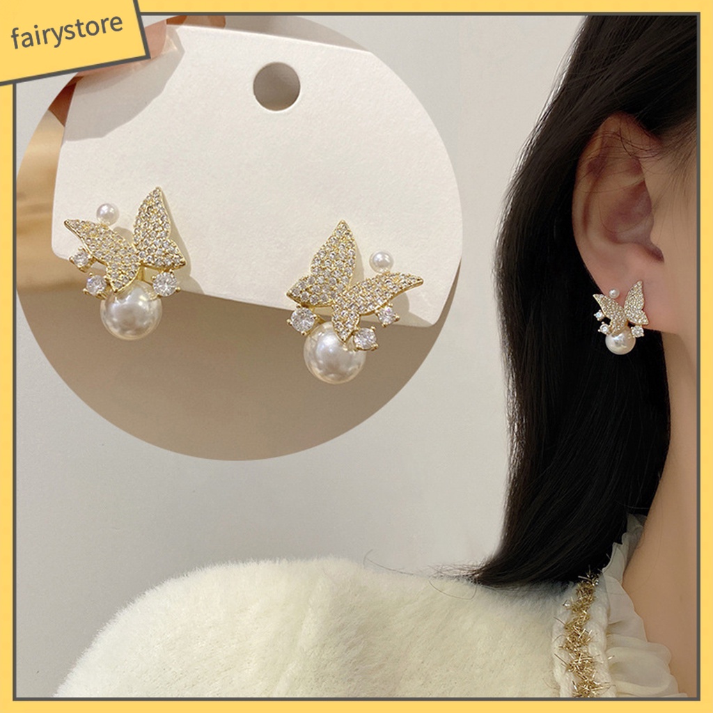 1 Đôi Bông Tai Hình Bướm Đính Ngọc Trai Giả Phong Cách Hàn Quốc Dành Cho Nữ
